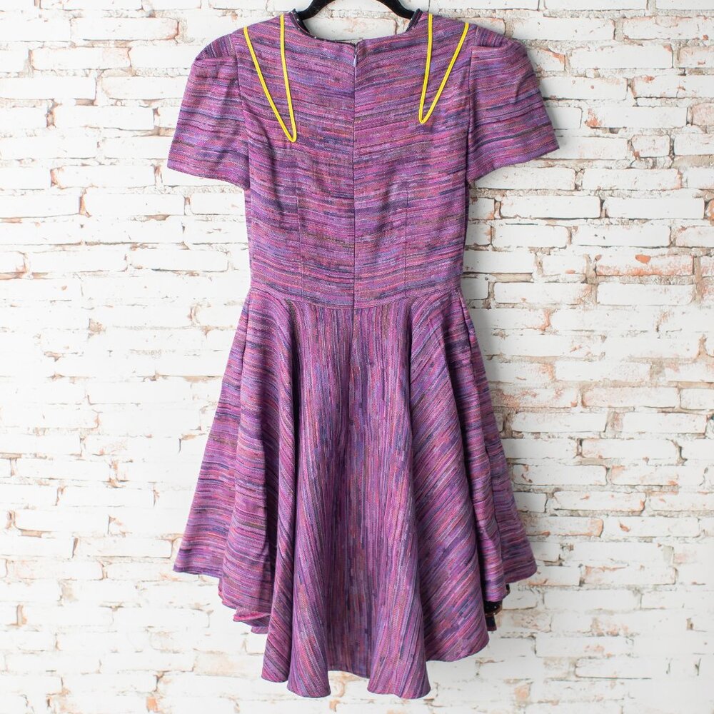 Handmade Women's Small Purple Fit Flare Dress Yellow Piping Short Sleeve Pockets - Picture 5 of 8